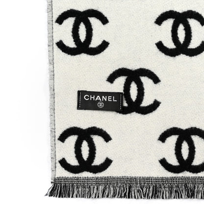 Chanel Wool Cashmere CC Scarf Black White 3 of 3