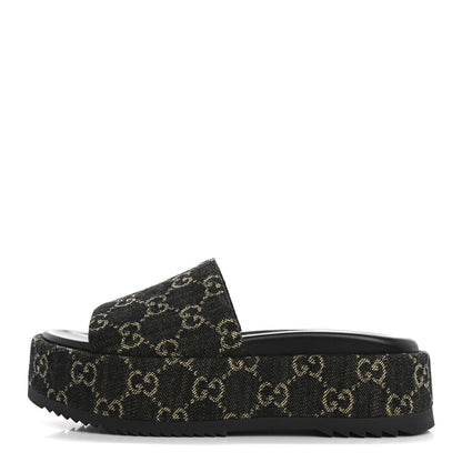 Gucci Jacquard Black Denim GG Monogram Angelina Platform 55mm Slide Sandals 36 Black Ivory 1 of 10