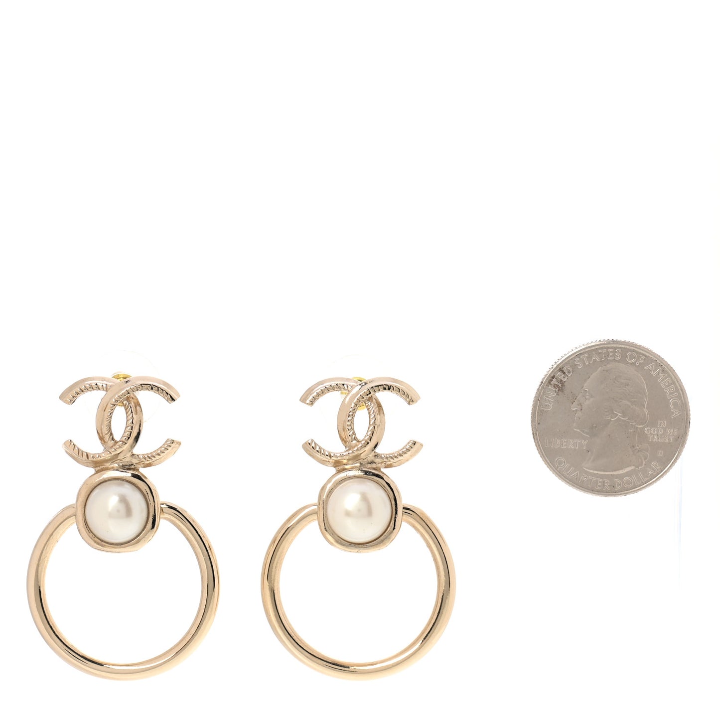 Metal Pearl CC Hoop Drop Earrings Gold