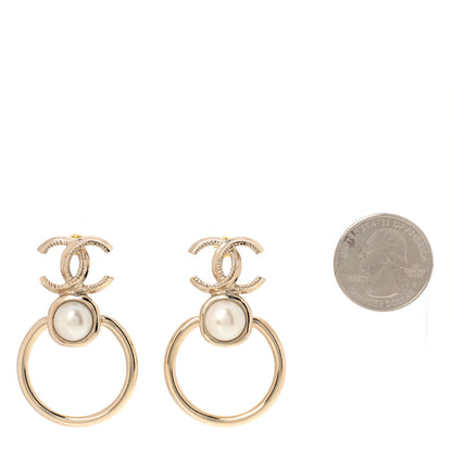 Chanel Metal Pearl CC Hoop Drop Earrings Gold 2 of 5