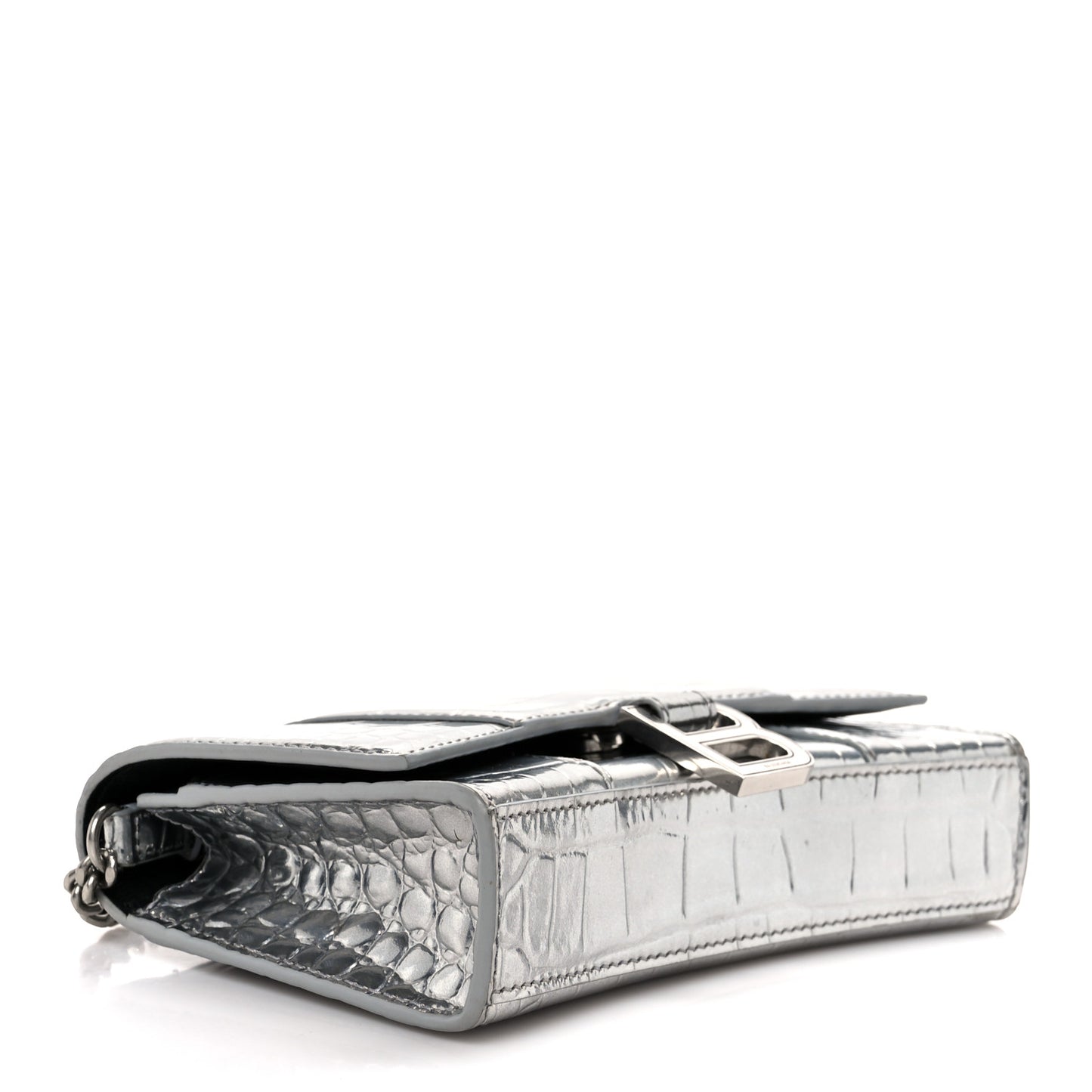 Shiny Calfskin Crocodile Embossed Hourglass Chain Bag Silver