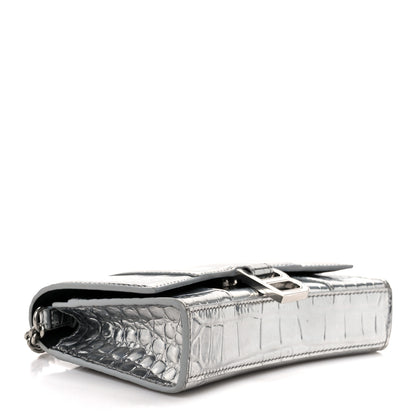 Balenciaga Shiny Calfskin Crocodile Embossed Hourglass Chain Bag Silver 4 of 11