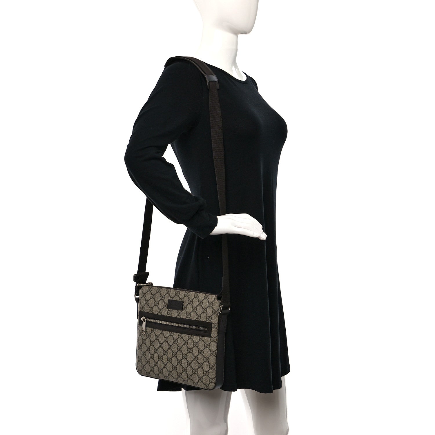 Gucci GG Supreme Monogram Selleria Calfskin Small Flat Side Zip Messenger Bag Beige Ebony Cocoa Dark Chocolate 2 of 11