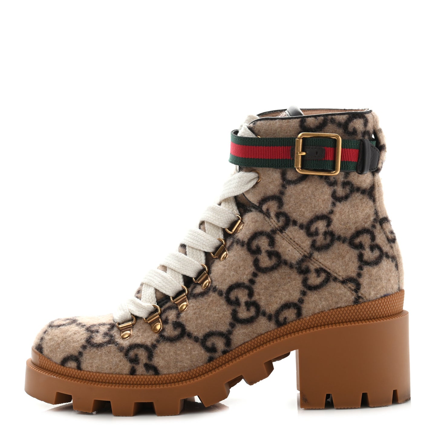 Covered Wool Big GG Monogram Womens Lace Up Combat Ankle Boots 37 Beige Ebony Cocoa