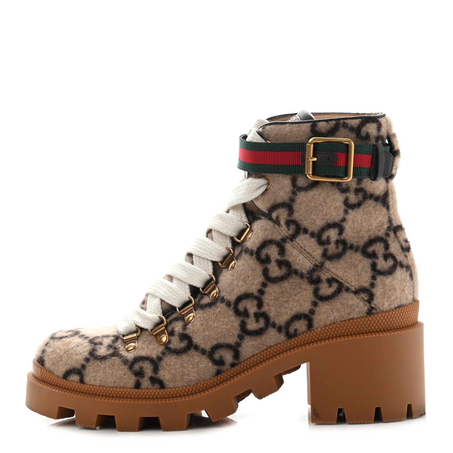 Gucci Covered Wool Big GG Monogram Womens Lace Up Combat Ankle Boots 37 Beige Ebony Cocoa 1 of 15