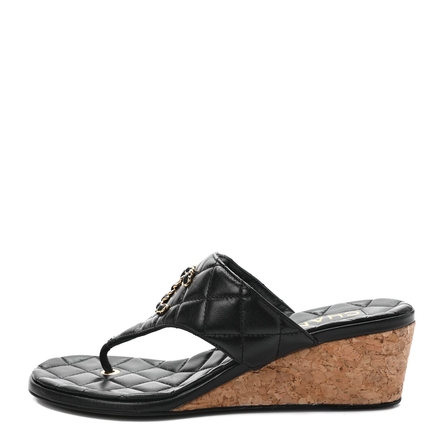 Chanel Goatskin Cork CC Wedge Sandals 36 Black 1 of 9