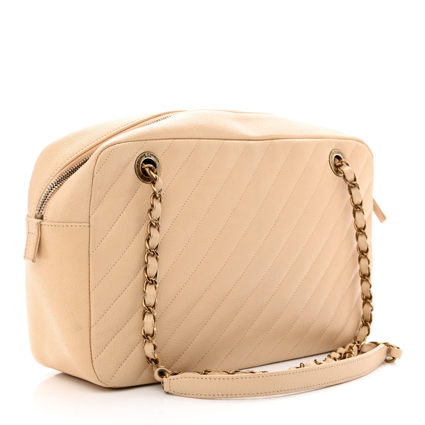 Shiny Goatskin Diagonal Quilted Camera Bag Beige