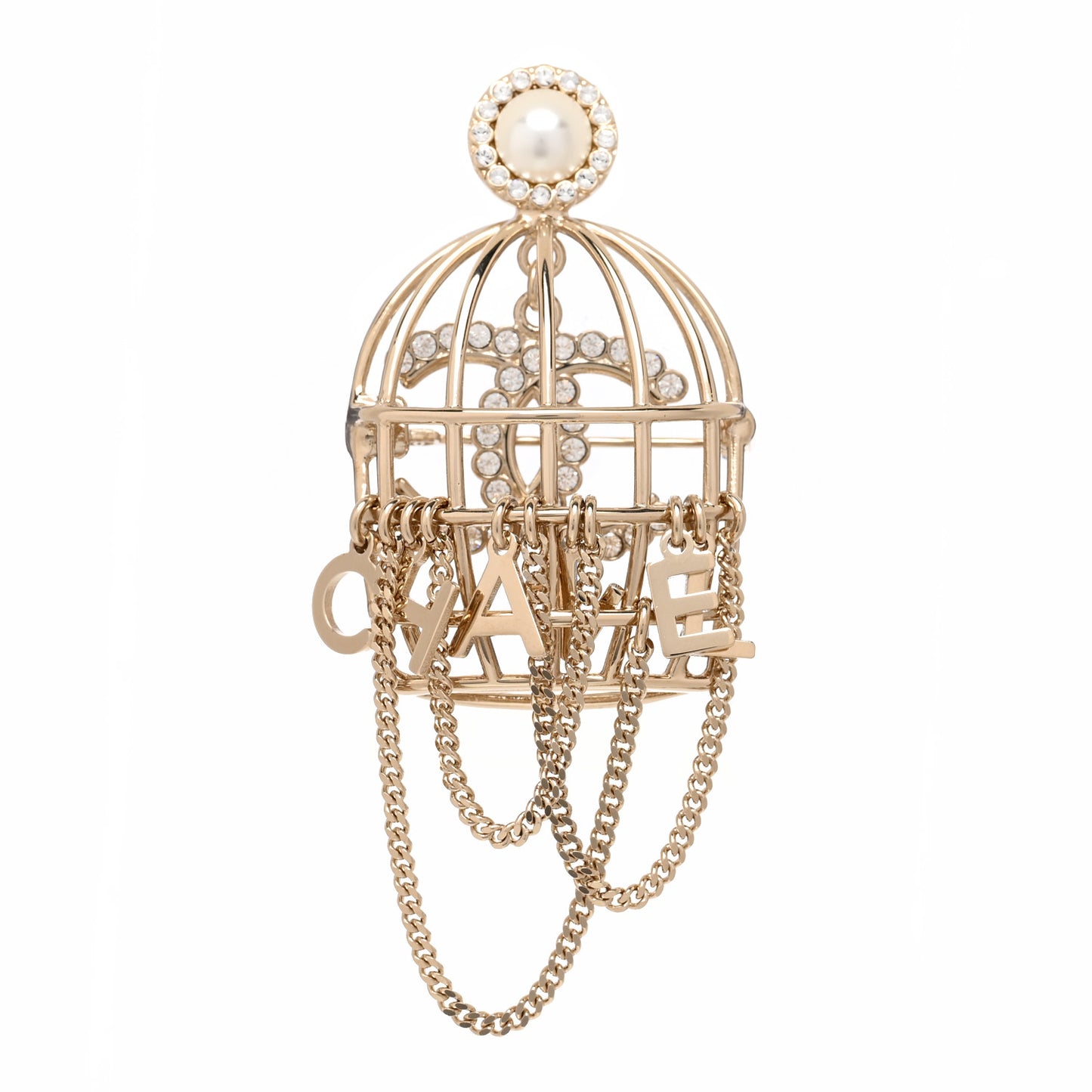 Pearl Crystal Birdcage Pin Brooch Light Gold