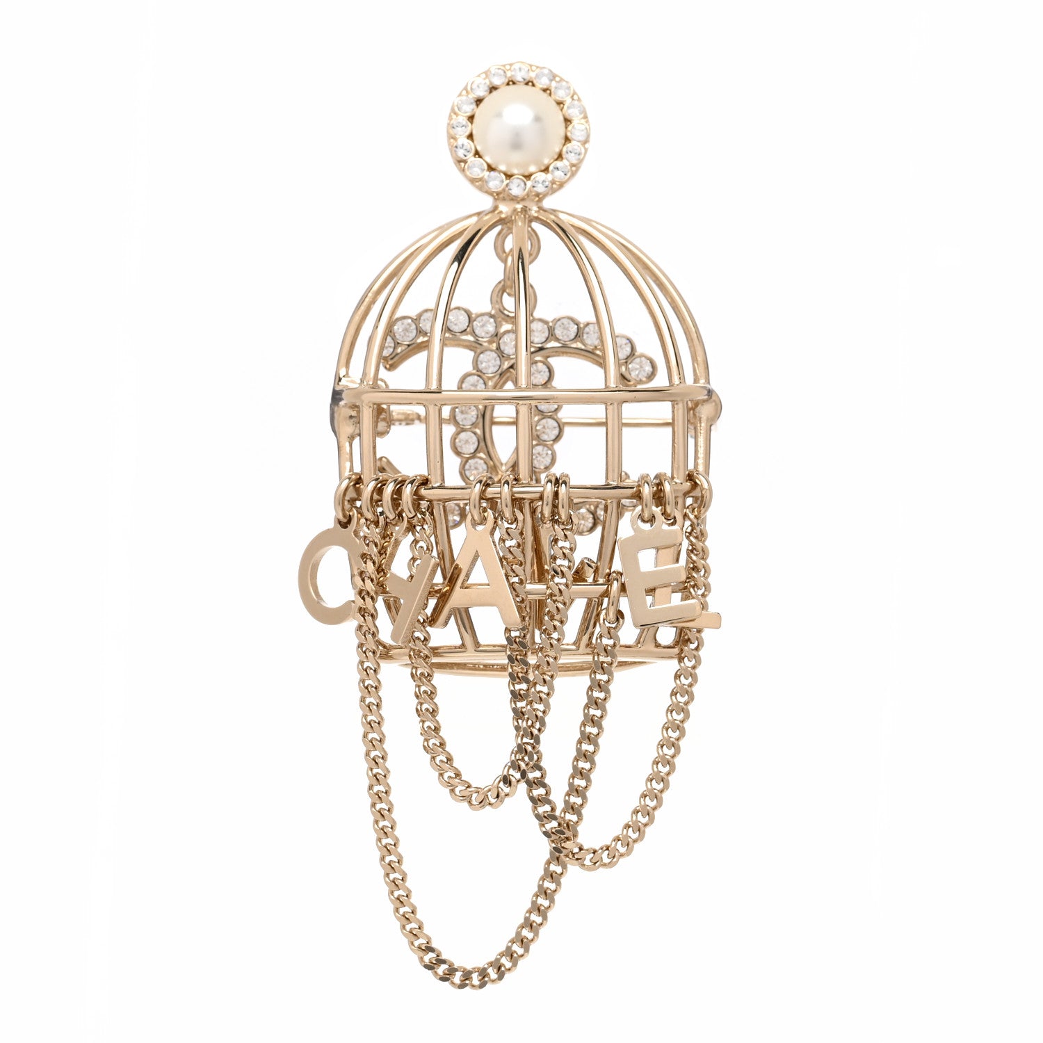 Chanel Pearl Crystal Birdcage Pin Brooch Light Gold 1 of 5