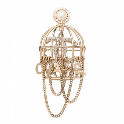 Chanel Pearl Crystal Birdcage Pin Brooch Light Gold 1 of 5