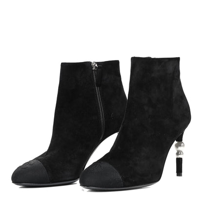 Chanel Suede Grosgrain Pearl Ankle Boots 35.5 Black 5 of 25