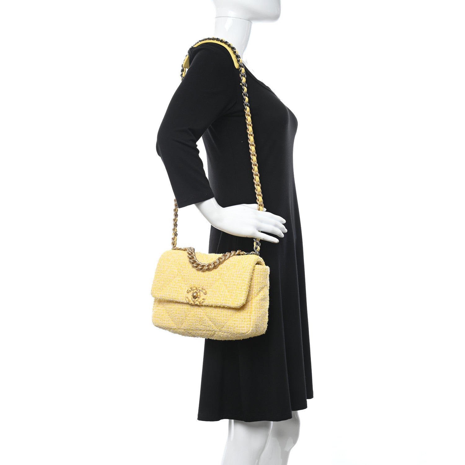 Chanel Tweed Quilted Medium Chanel 19 Flap Yellow Pink 2 of 12