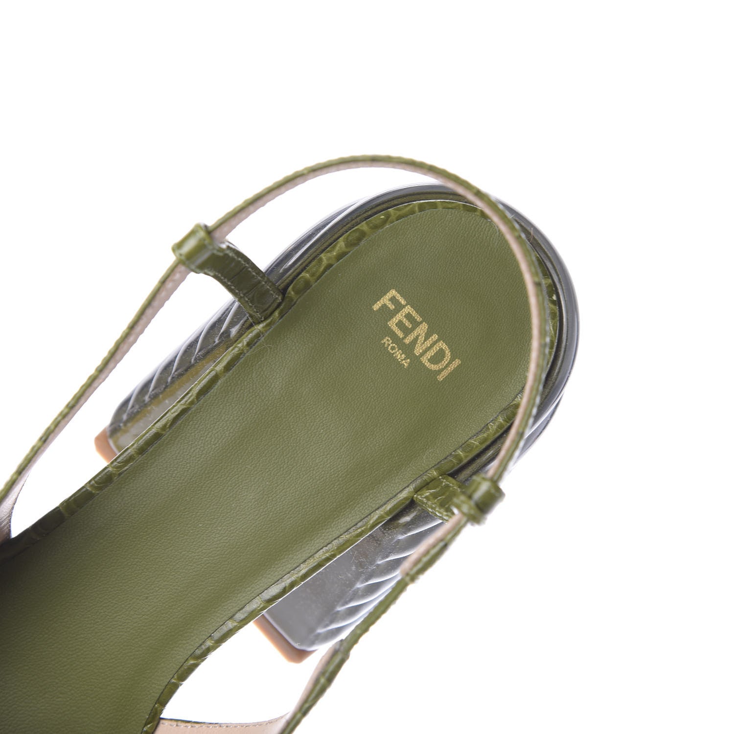 Fendi Calfskin Crocodile Embossed Promenade Slingback Loafer Pumps 38.5 Military Green 8 of 12