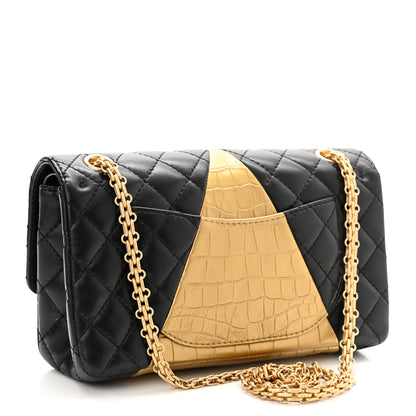 Chanel Lambskin Metallic Calfskin Crocodile Embossed 2.55 Cocodile Reissue 225 Flap Black Gold 3 of 10
