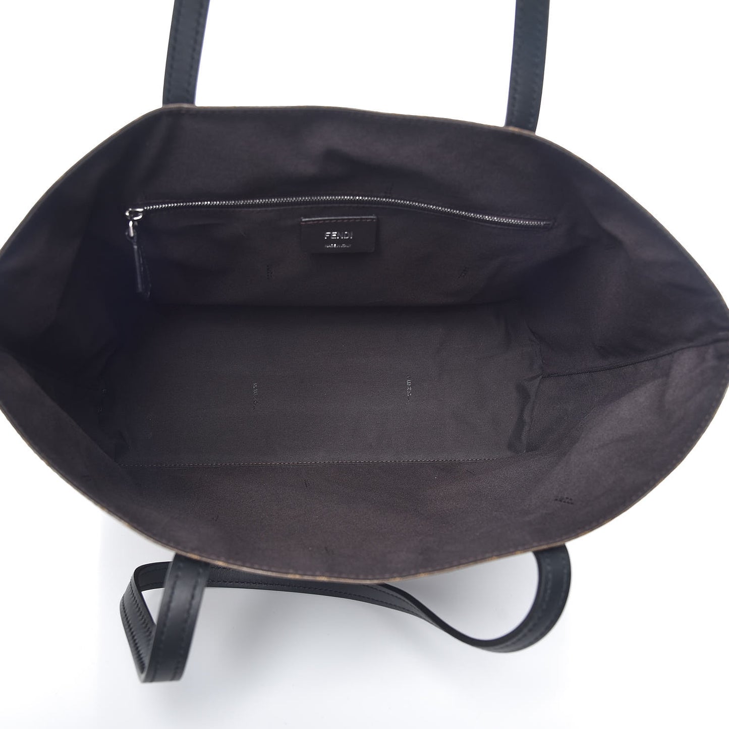 Glazed Fabric Vitello Century FF 1974 Stamp Patch Shopping Tote Mogano Panna Black
