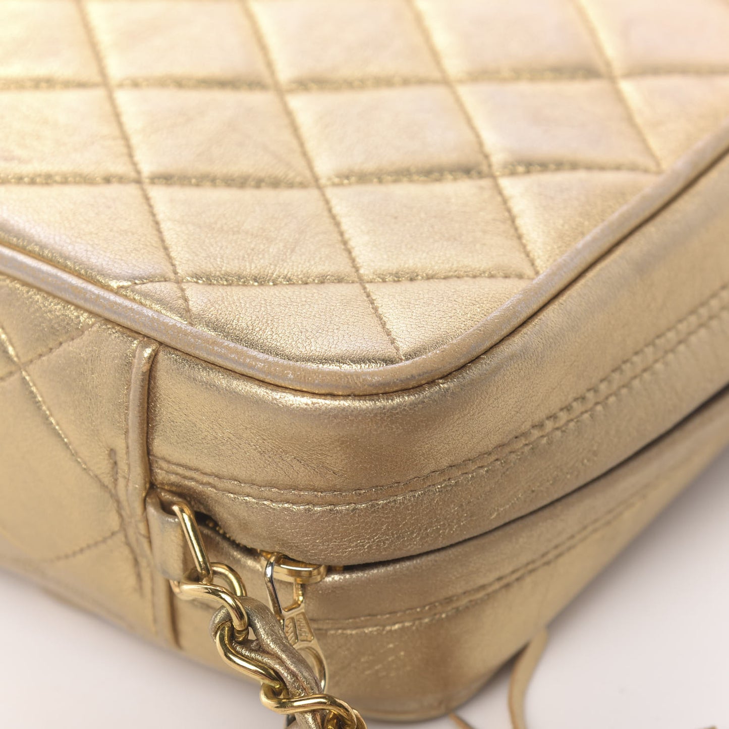 Metallic Lambskin Quilted Camera Case Gold