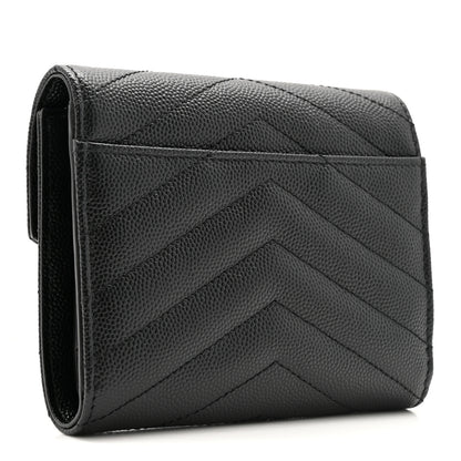 Saint Laurent Grain De Poudre Matelasse Chevron Monogram Compact Tri Fold Wallet Black 3 of 7