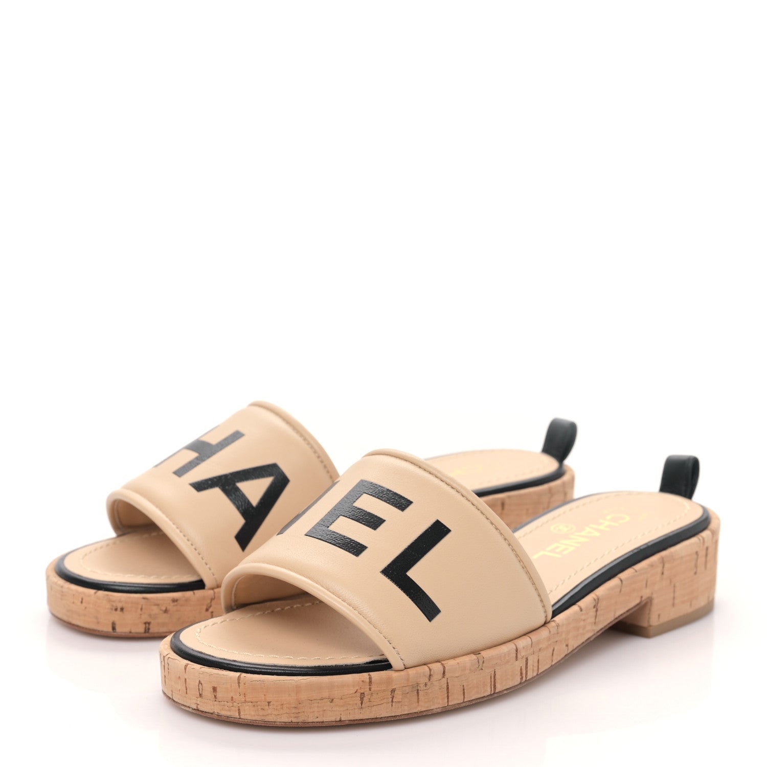 Chanel Calfskin Cork Logo Mule Sandal 38 Beige Black 3 of 8