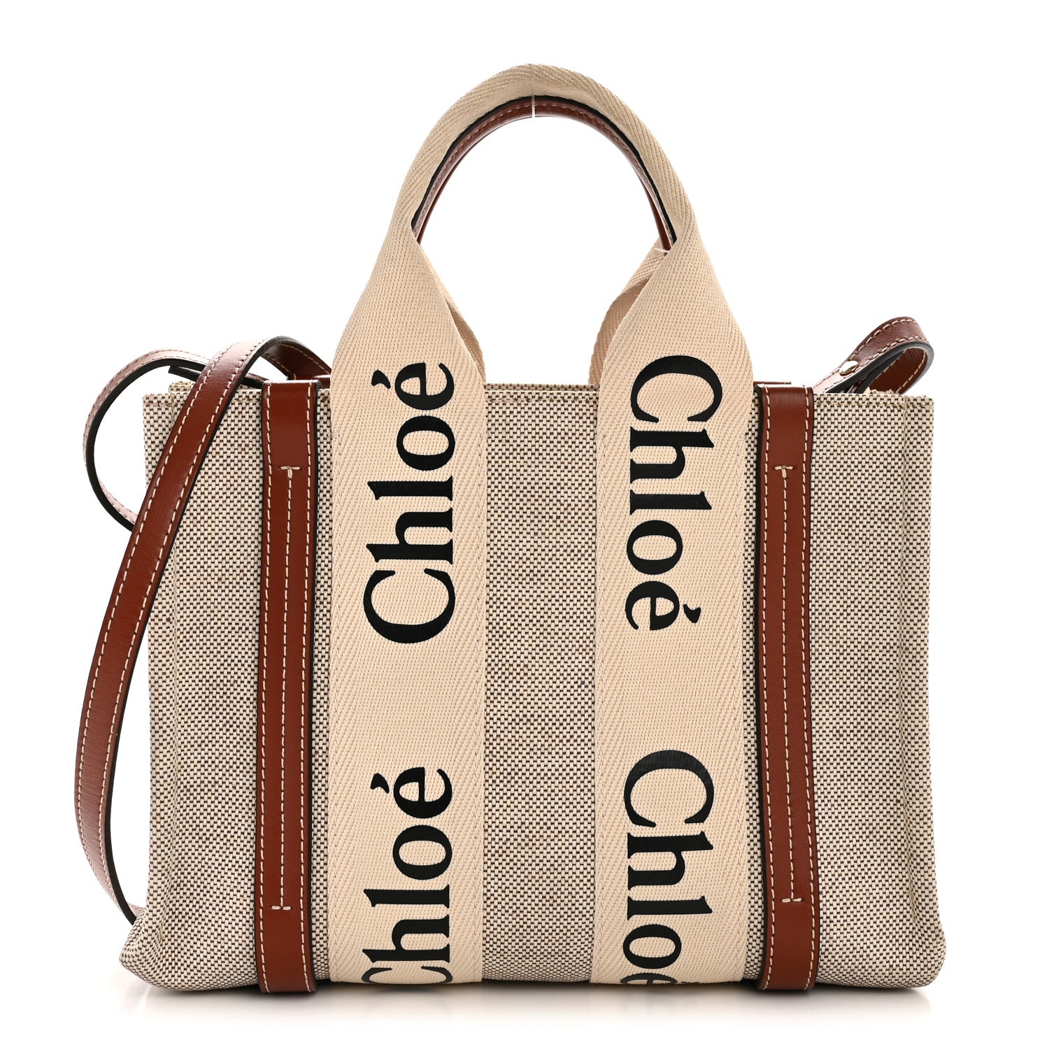 Chloe Cotton Calfskin Small Woody Ribbon Tote With Strap White Brown 1 of 23