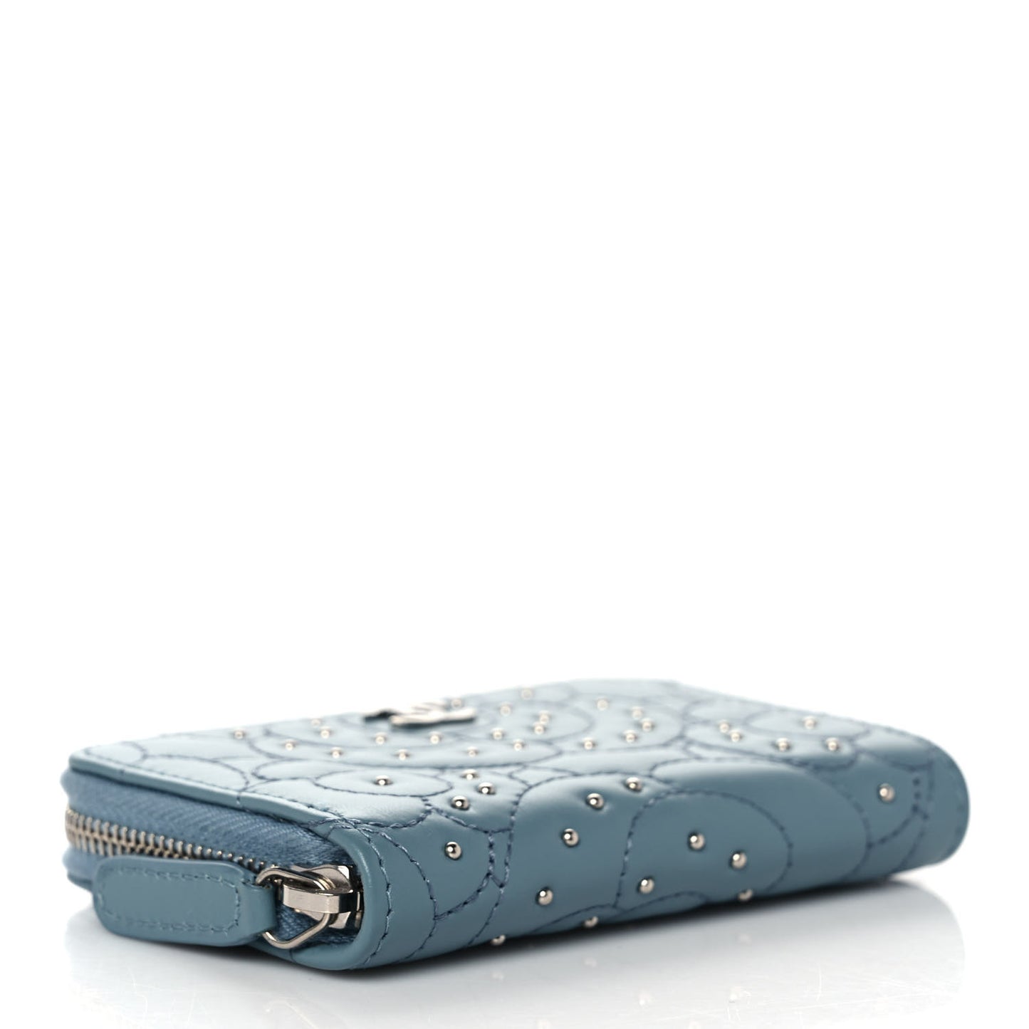 Lambskin Camellia Embossed Studded Zip Coin Purse Blue
