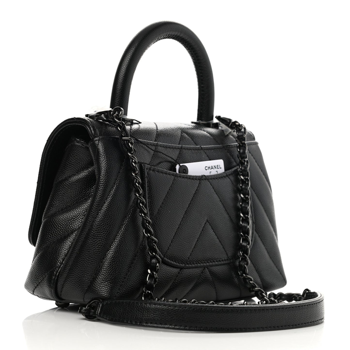 Caviar Chevron Quilted Extra Mini Coco Handle Flap So Black