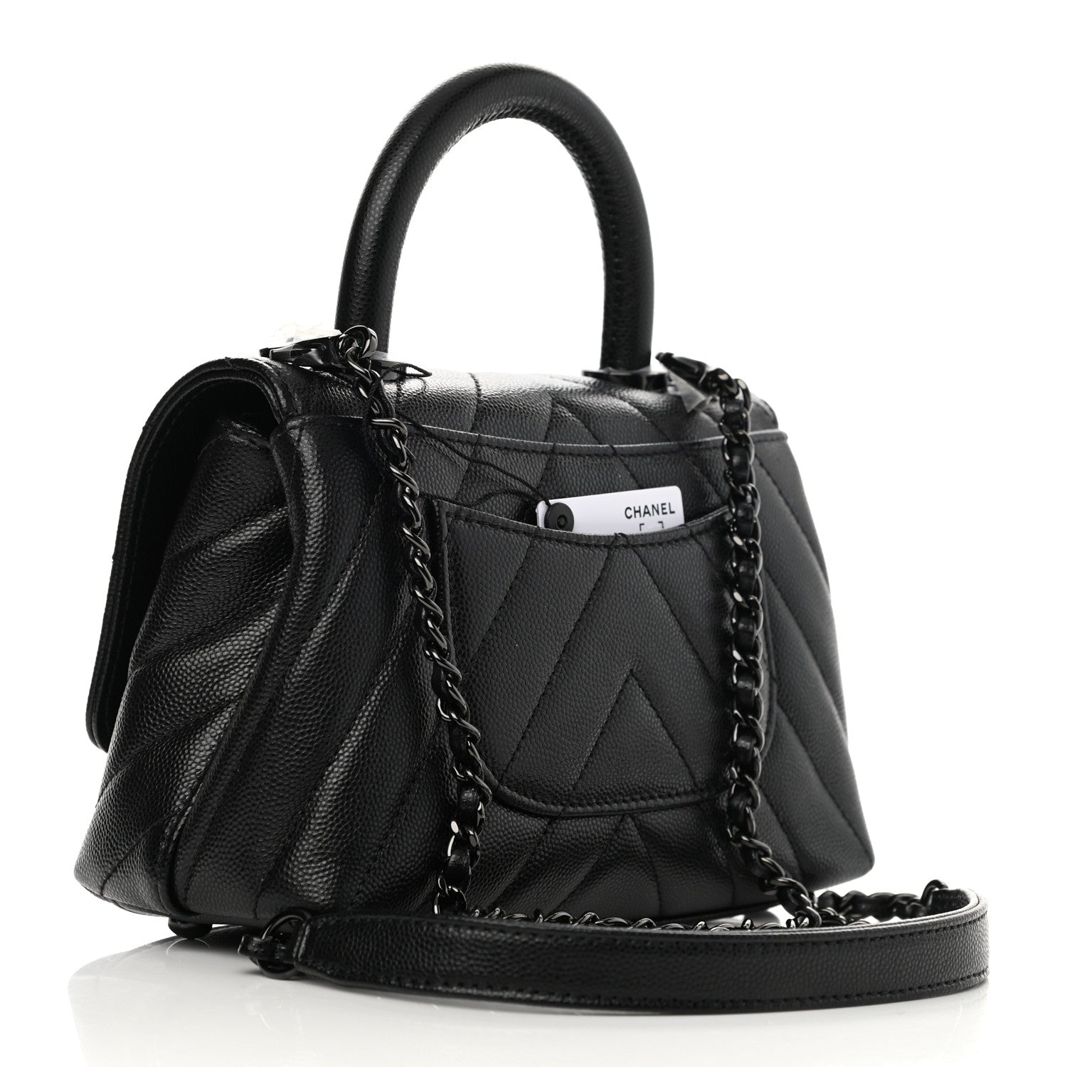 Chanel Caviar Chevron Quilted Extra Mini Coco Handle Flap So Black 2 of 10