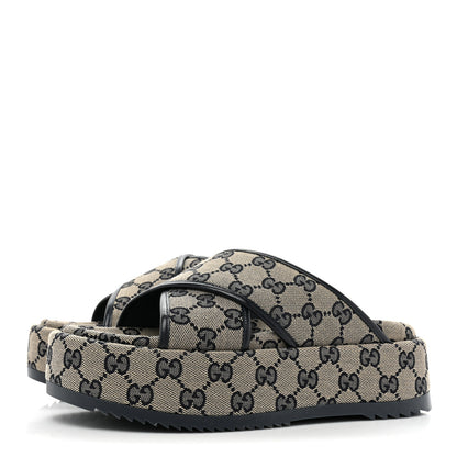 Gucci Monogram Criss Cross Platform Slide Sandals 36 Beige Blue 3 of 9