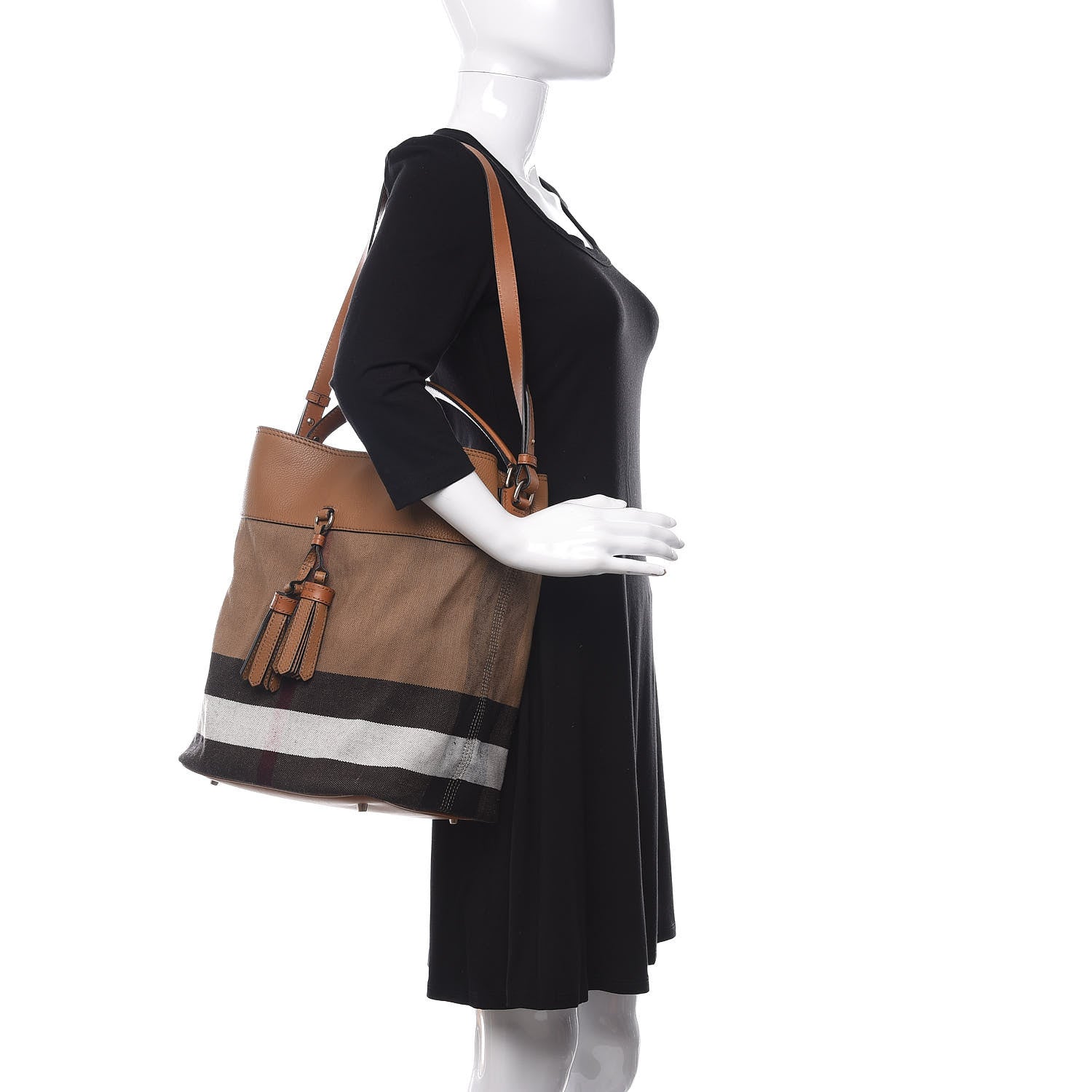 Burberry Grainy Calfskin Canvas Mega Check Medium Ashby Tassel Hobo Saddle Brown 2 of 11
