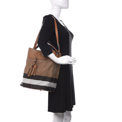 Burberry Grainy Calfskin Canvas Mega Check Medium Ashby Tassel Hobo Saddle Brown 2 of 11