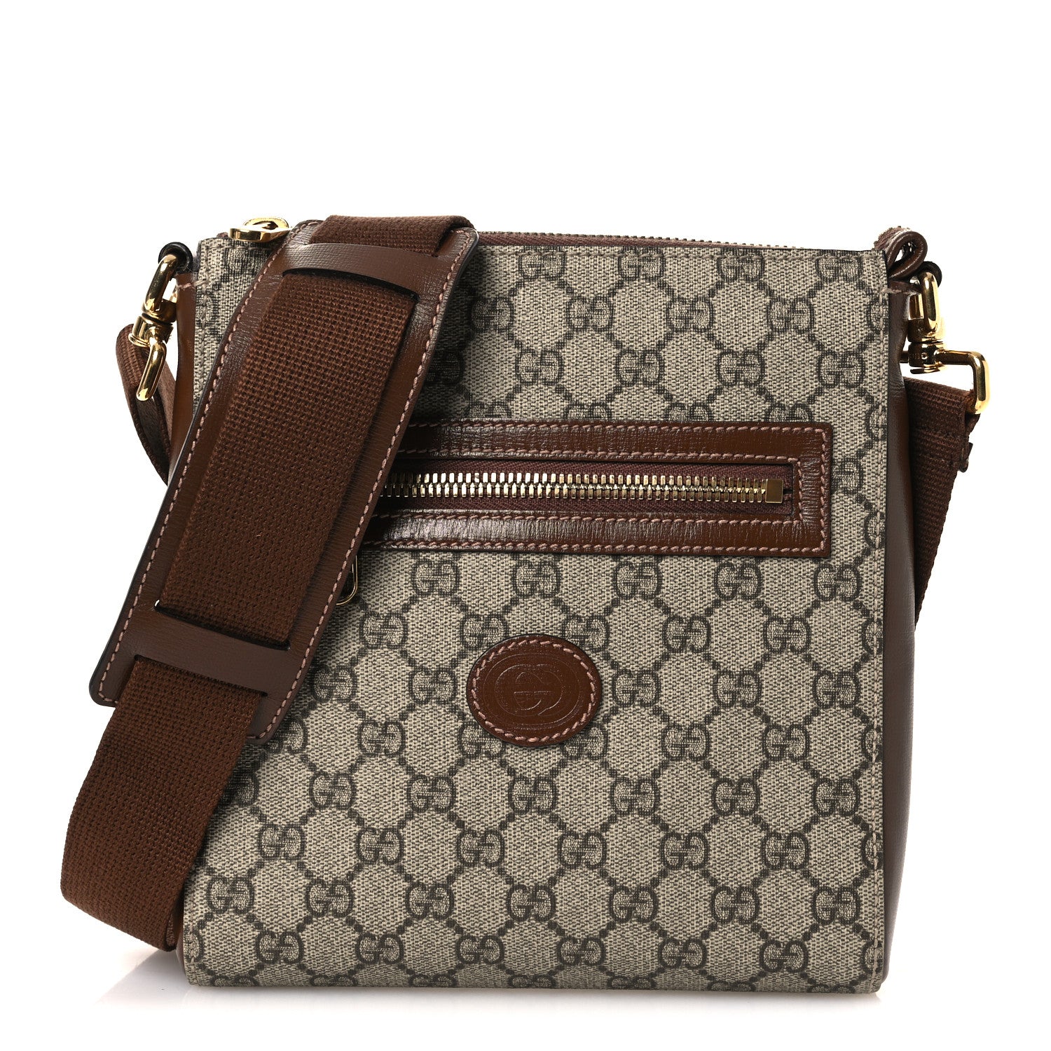 Gucci GG Supreme Monogram Azalea Calfskin Retro Interlocking G Flat Messenger Bag Beige Ebony Brown Sugar 1 of 16