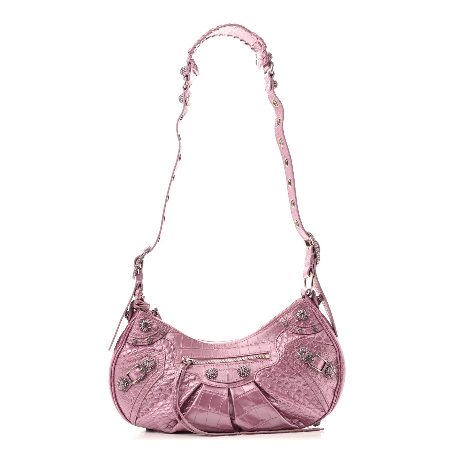 Metallic Extra Supple Calfskin Crystal Crocodile Embossed Small Le Cagole Shoulder Bag Pink