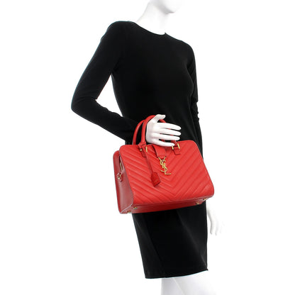Saint Laurent Calfskin Matelasse Chevron Small Monogram Cabas Lipstick Red 3 of 9