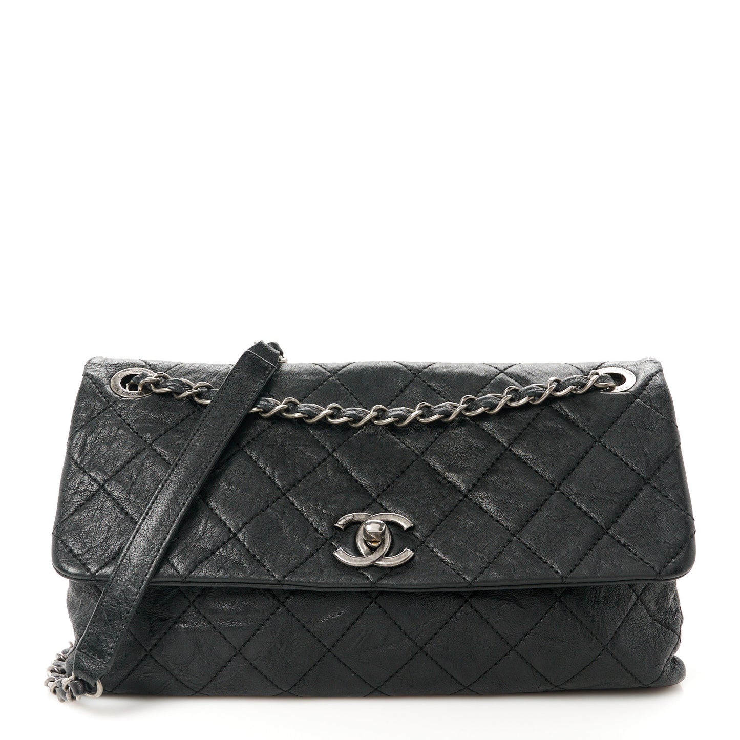 Crumpled Lambskin Quilted Medium Single Flap Black