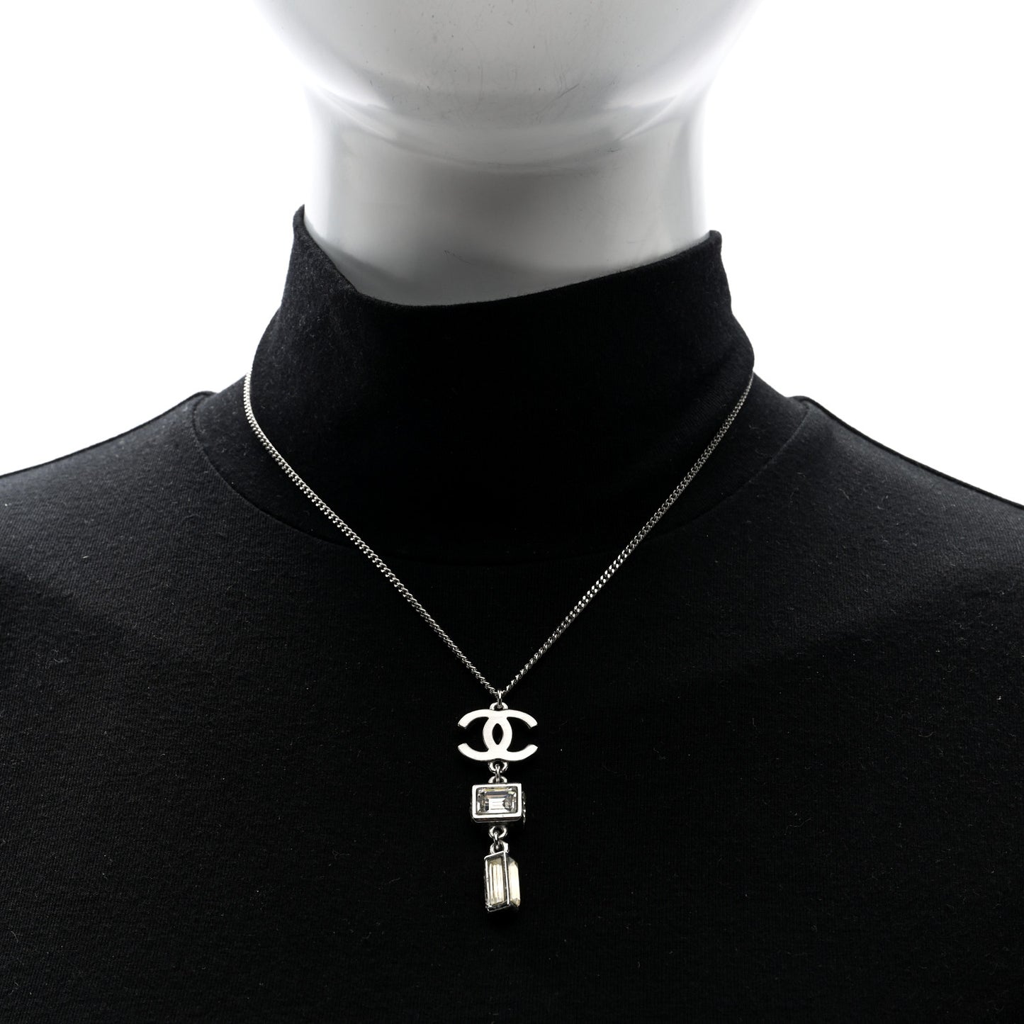 Crystal Baguette CC Drop Pendant Necklace Silver