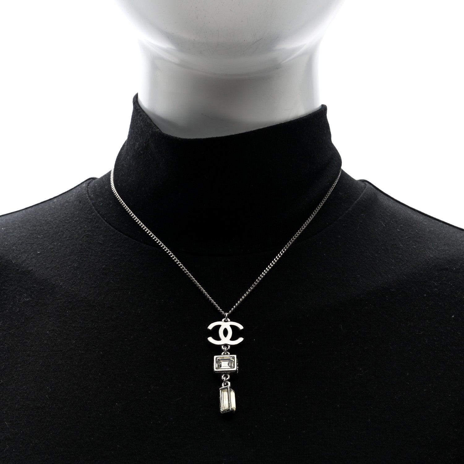 Chanel Crystal Baguette CC Drop Pendant Necklace Silver 2 of 5