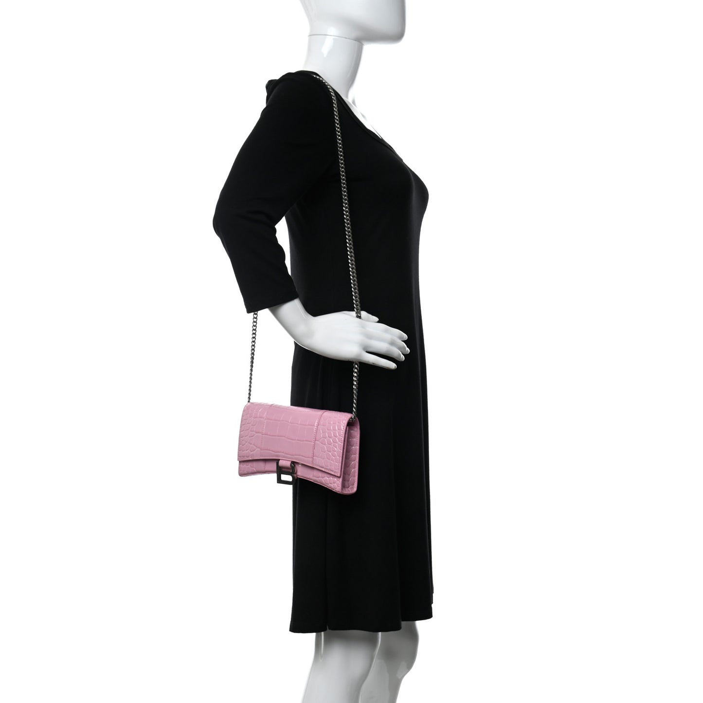 Shiny Calfskin Crocodile Embossed Hourglass Chain Bag Sweet Pink