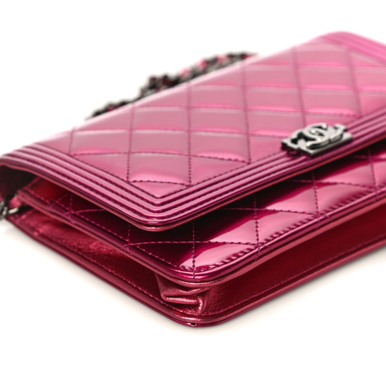 Chanel Metallic Patent Calfskin Quilted Boy Wallet On Chain WOC Fuchsia 10 of 18