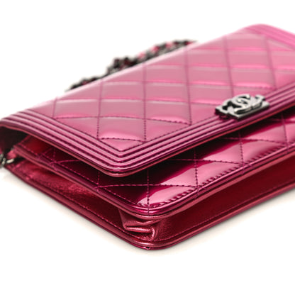 Chanel Metallic Patent Calfskin Quilted Boy Wallet On Chain WOC Fuchsia 10 of 18