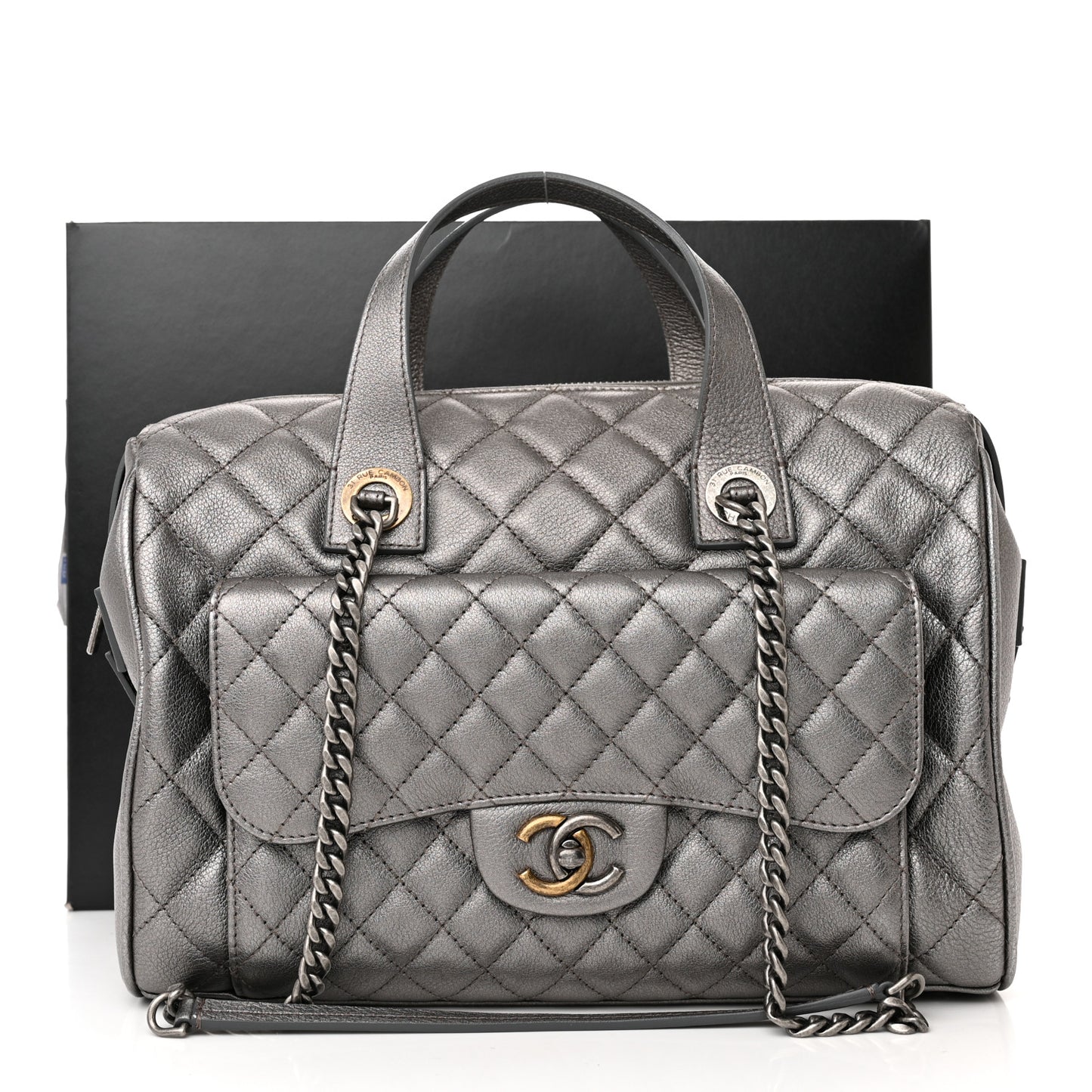 Metallic Grained Calfskin Quilted Large Casual Pocket Bowling Bag Silver