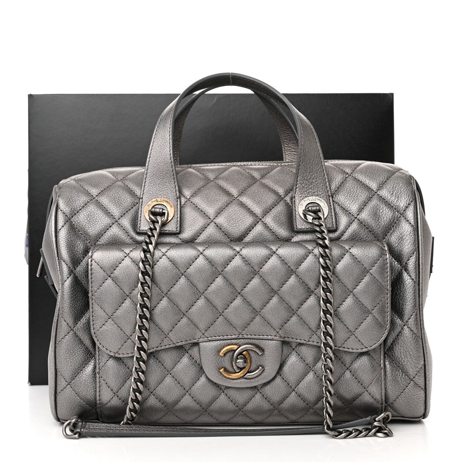 Chanel Metallic Grained Calfskin Quilted Large Casual Pocket Bowling Bag Silver 12 of 12