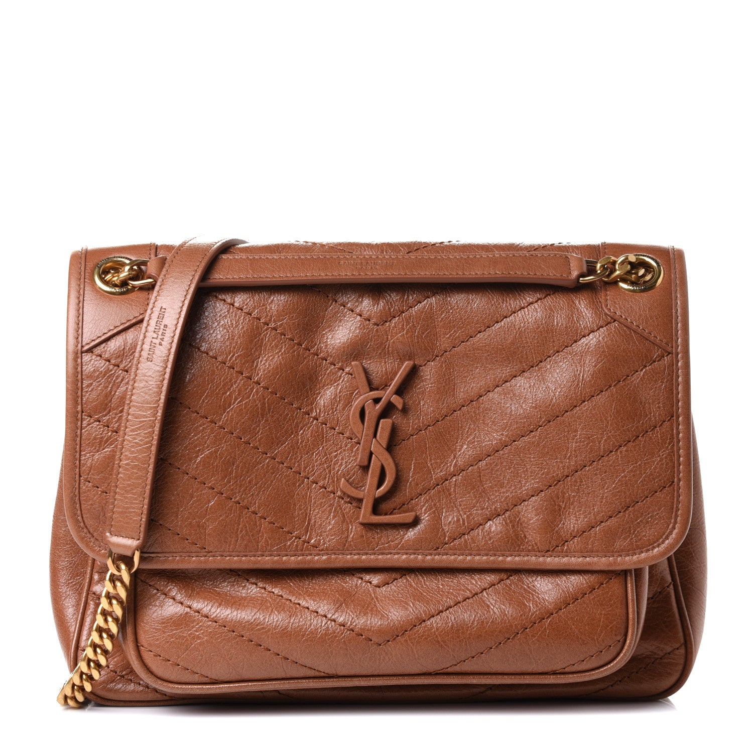 Saint Laurent Crinkled Calfskin Matelasse Monogram Medium Niki Chain Satchel Caramel 1 of 9