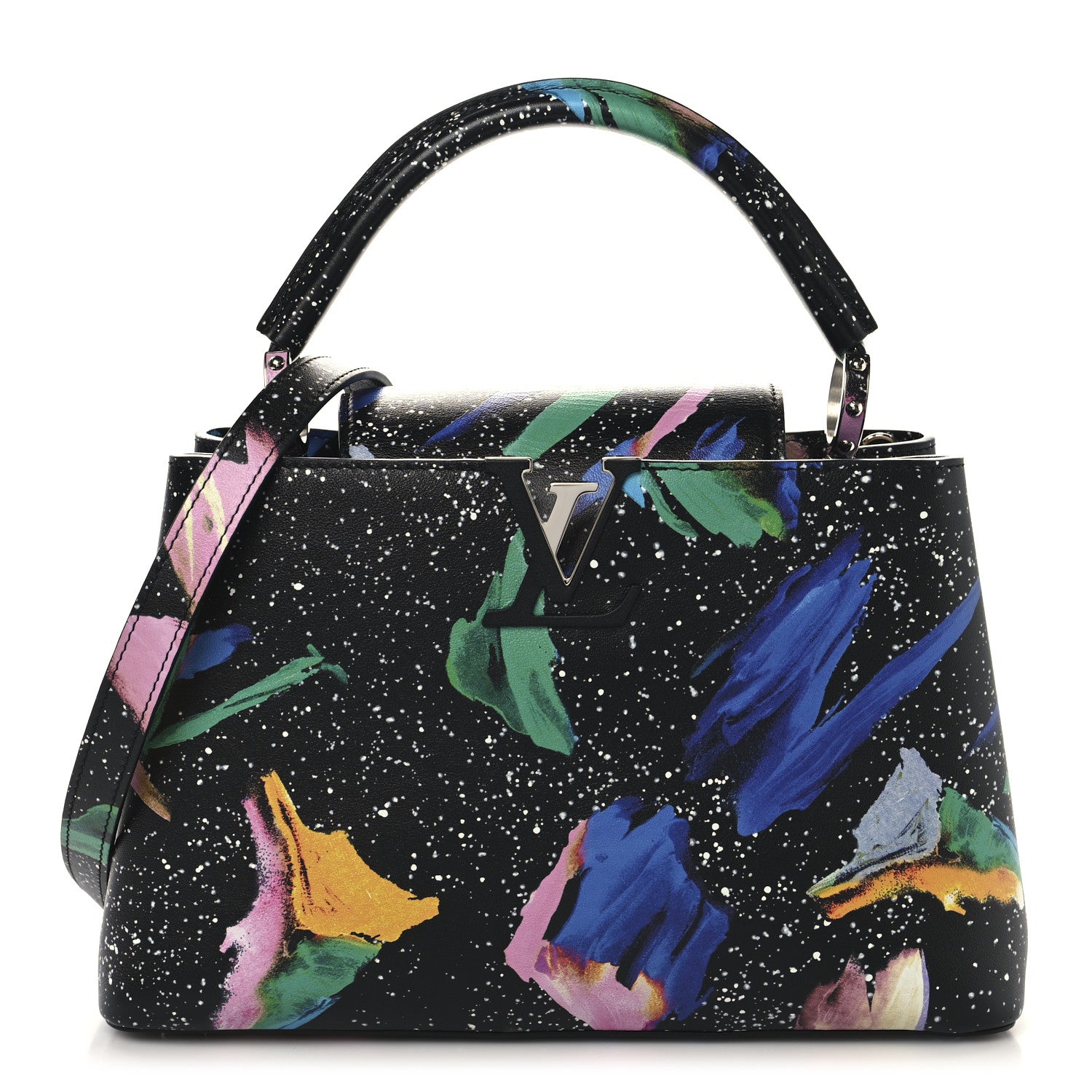 Louis Vuitton Calfskin Splash Print Capucines PM Black 1 of 8