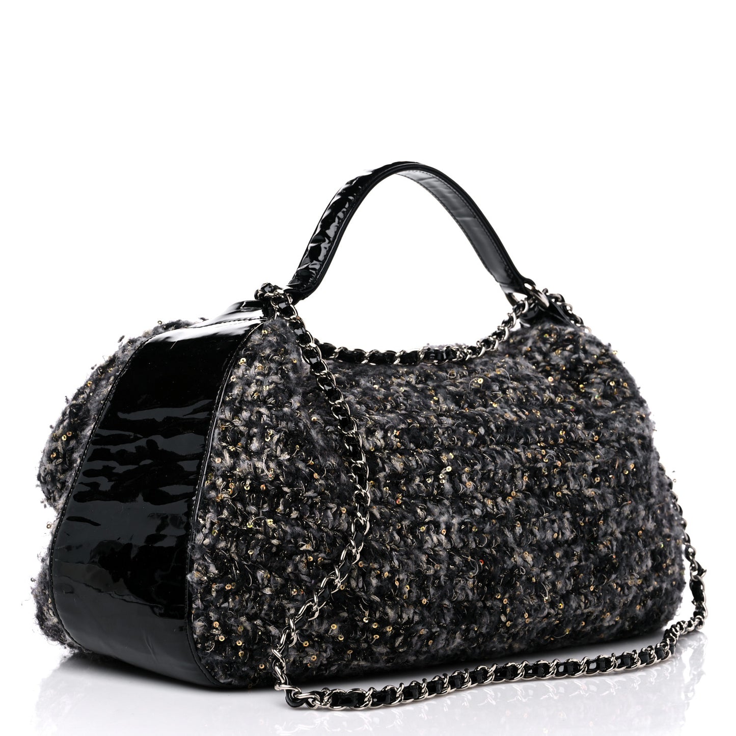 Patent Tweed Sequin Shopping Flap Bag Multicolor