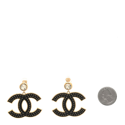 Chanel Metal Crystal CC Drop Clip On Earrings Gold Black 2 of 5