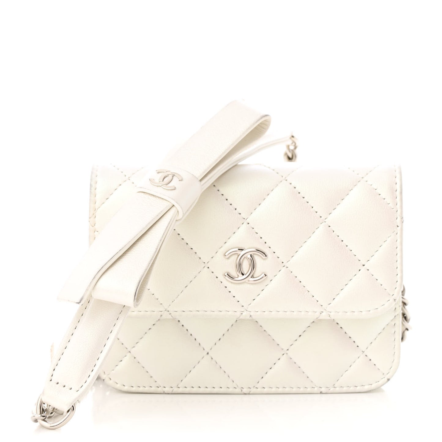 Iridescent Lambskin Quilted Coco Bow Clutch With Chain White