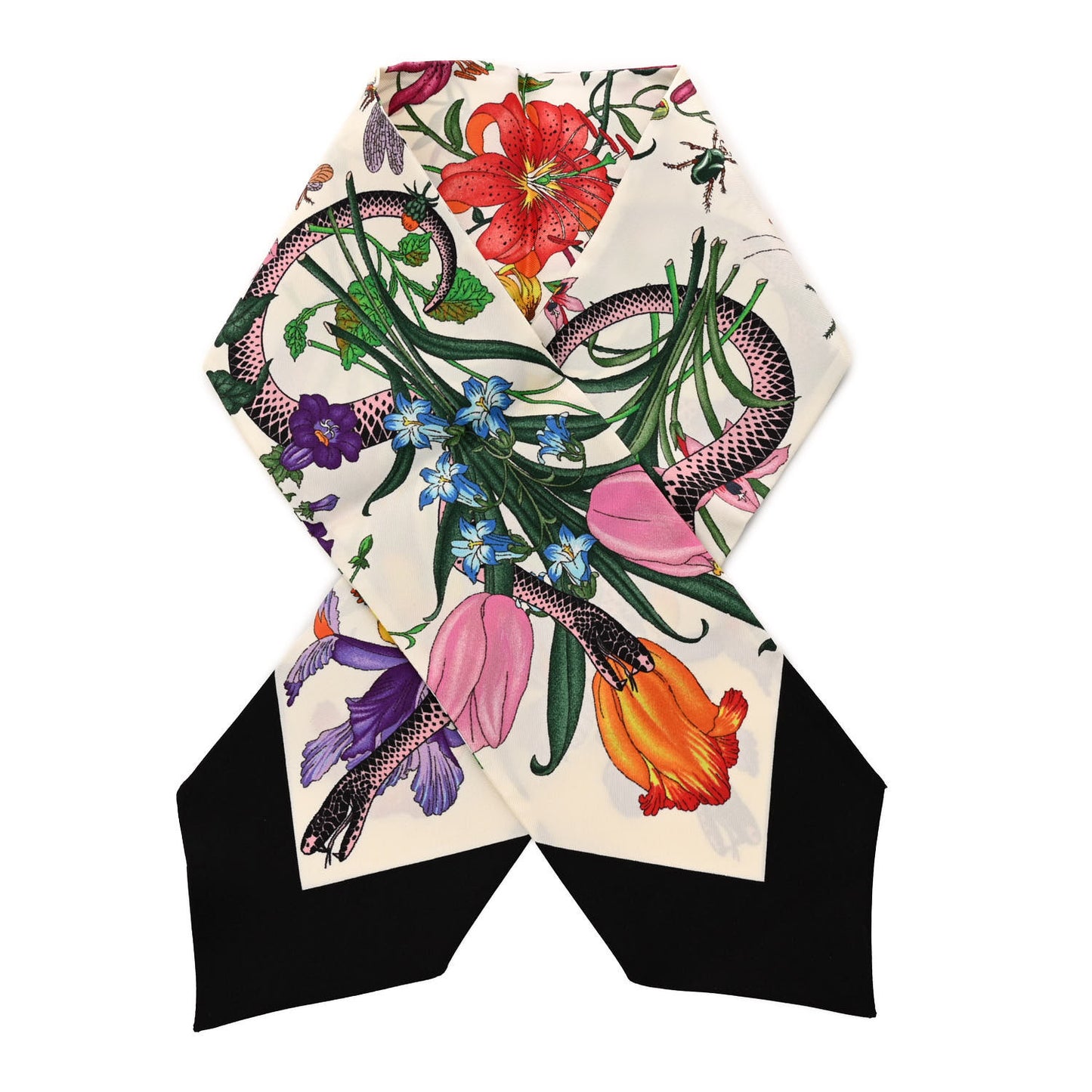 Silk Twill Flora Snake Neck Bow Scarf Ivory Black