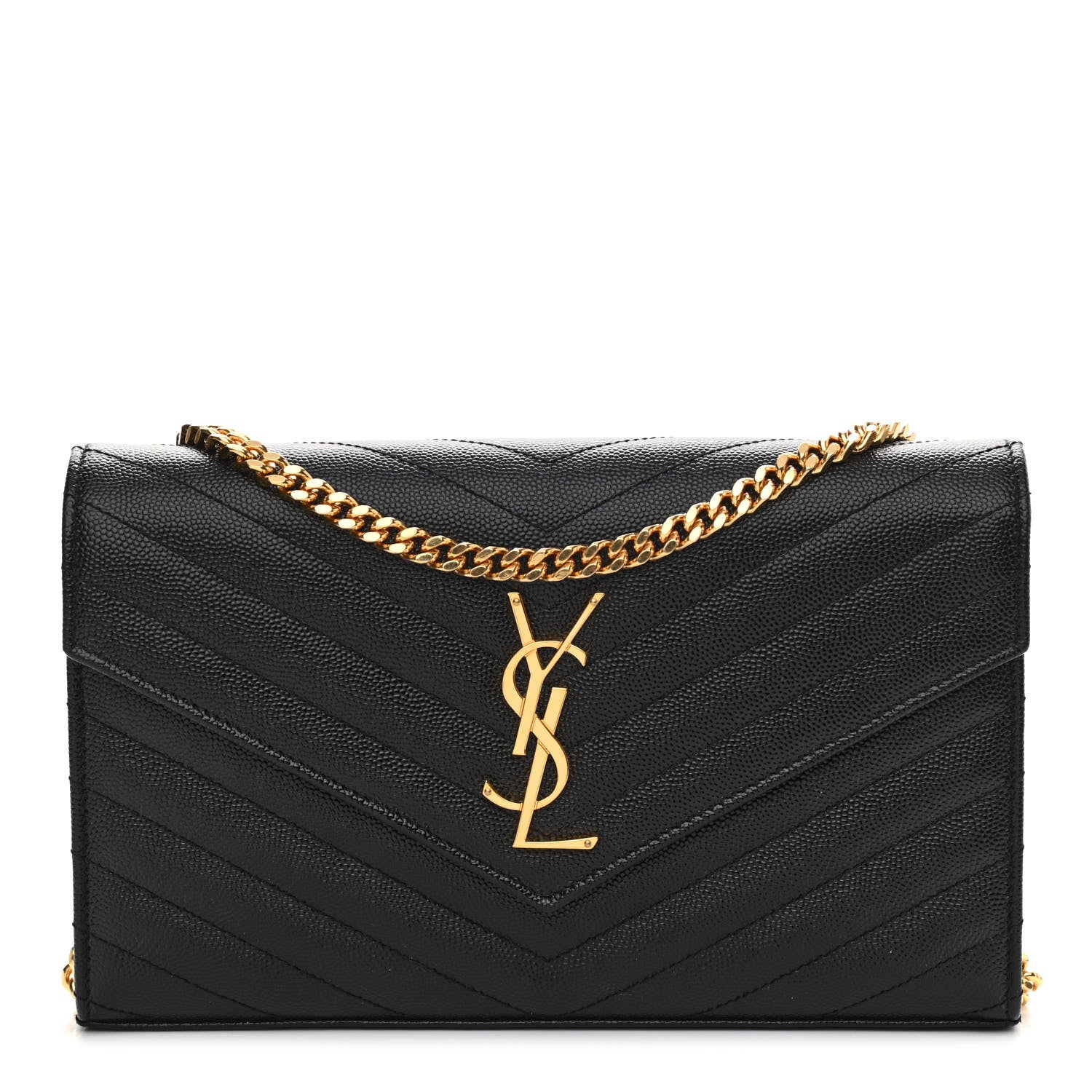 Saint Laurent Grain De Poudre Matelasse Chevron Monogram Chain Wallet Black 1 of 8