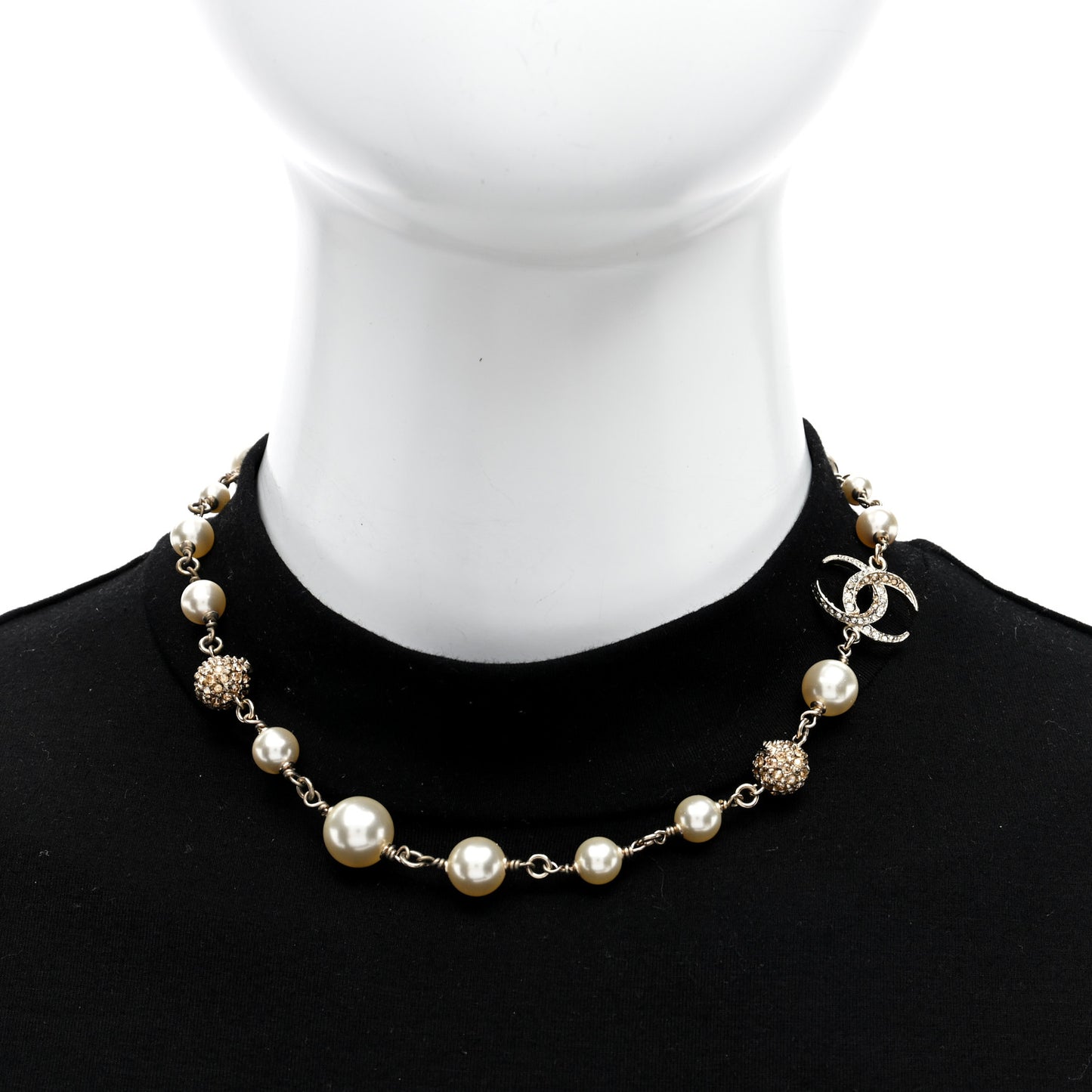 Pearl Crystal CC Moon Necklace Gold White