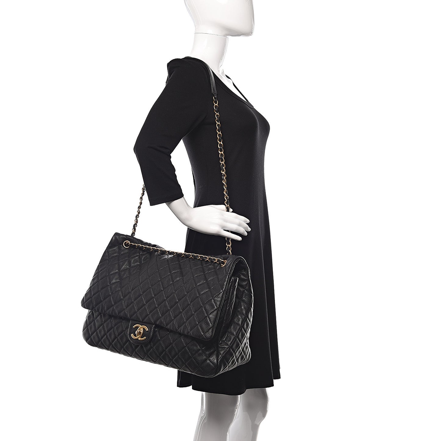 Calfskin Quilted XXL Travel Flap Bag Black