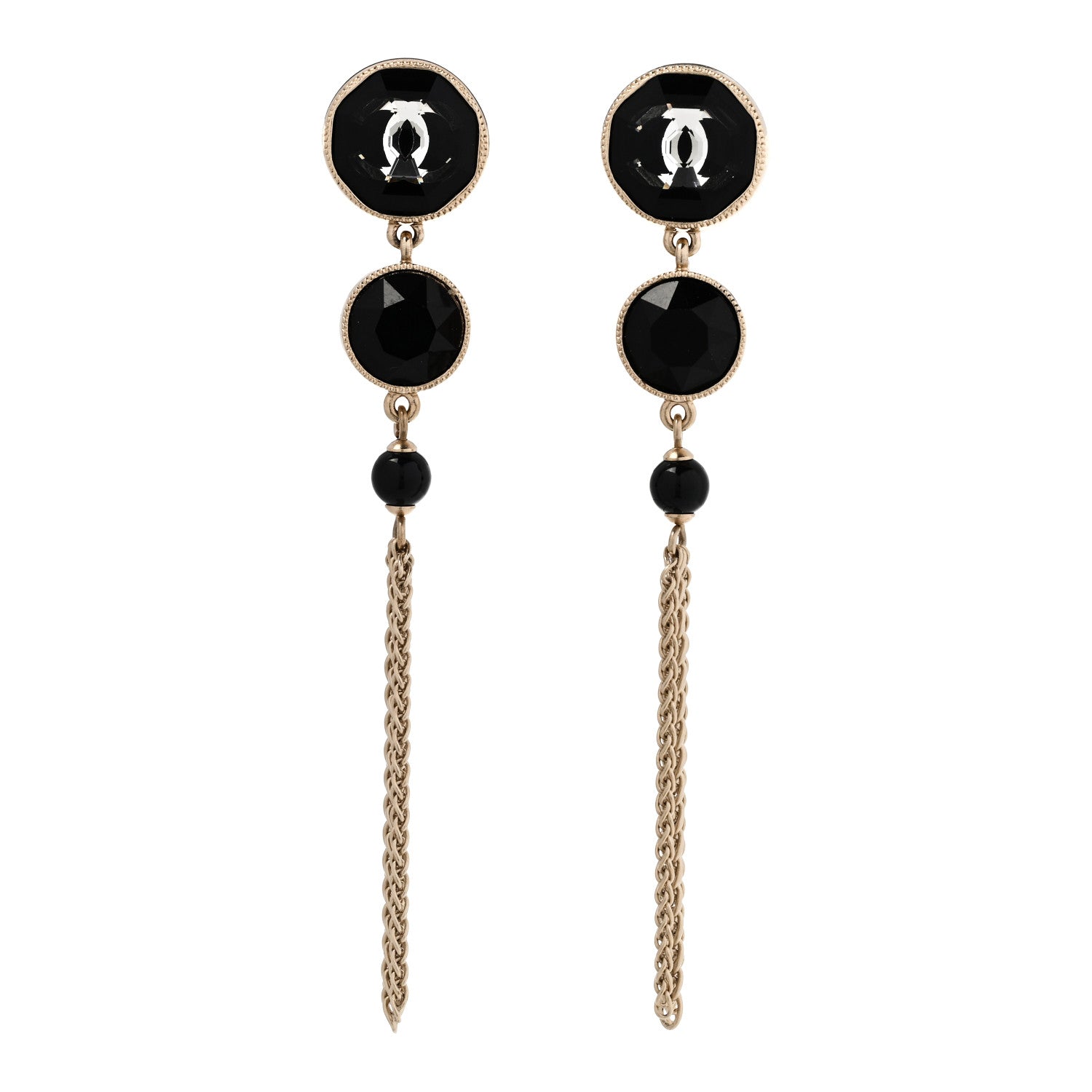 Chanel Crystal CC Chain Tassel Drop Earrings Gold Black 1 of 4